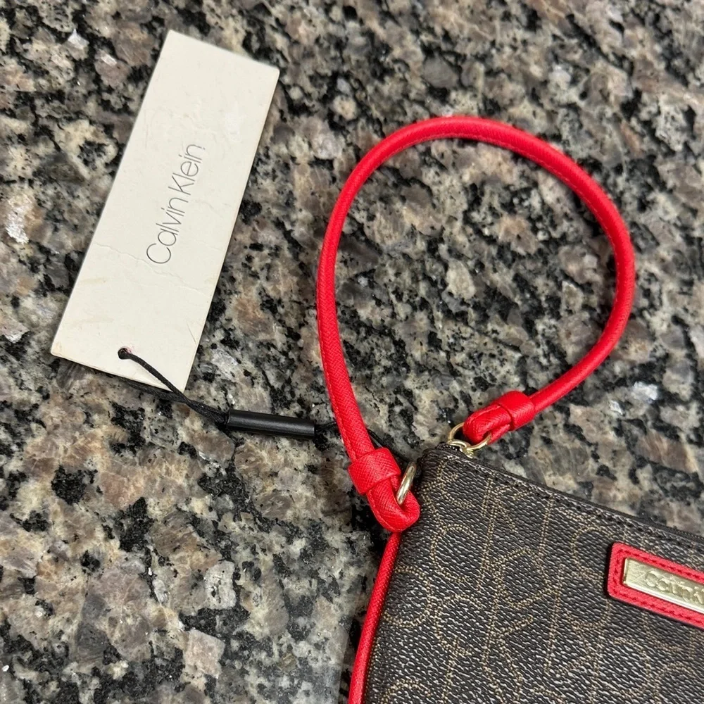 Calvin Klein Logo Wristlet in Brown and Red NWT